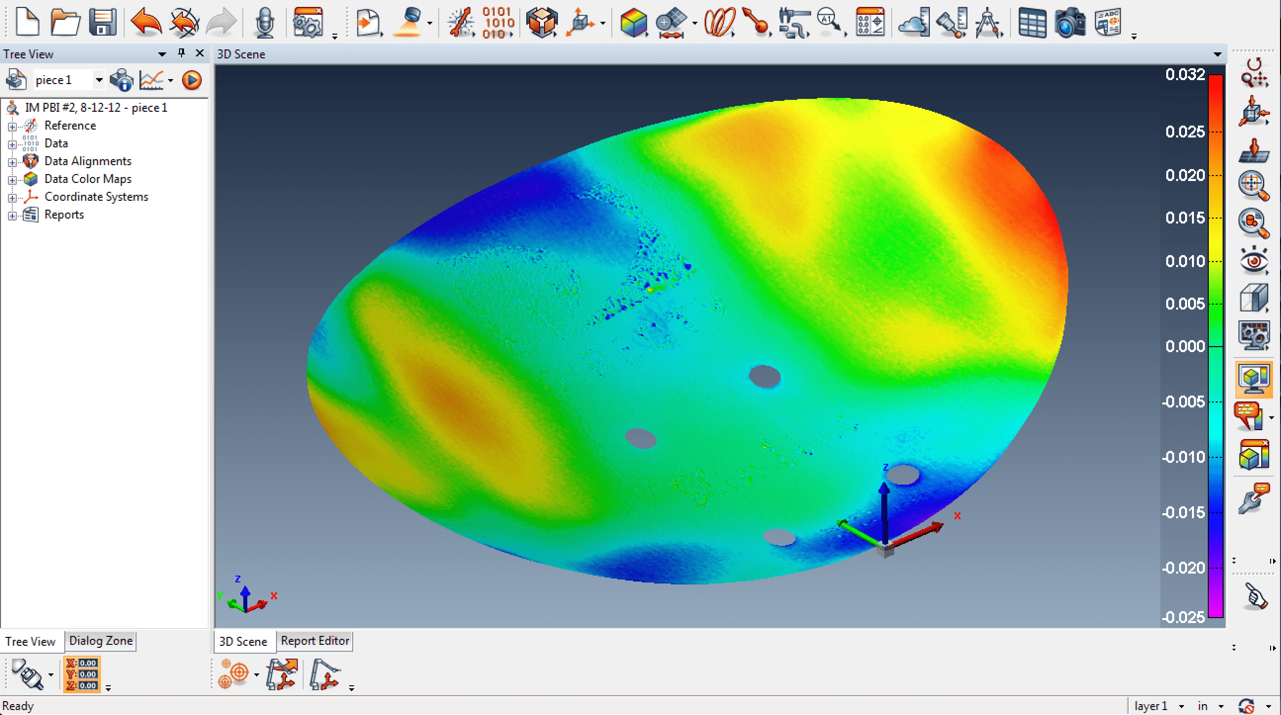 Traditional 3D scan showing deviation color map of CAD model to scanned part.